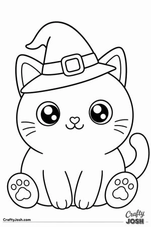 Kawaii black cat in a tiny witch hat