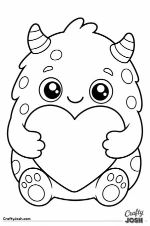 Kawaii horned monster hugging a heart