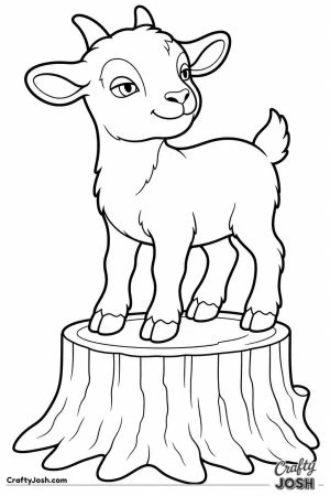 Kid goat standing on a tree stump