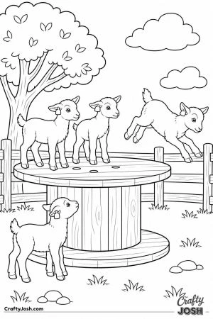 Kid goats jumping off a wooden spool