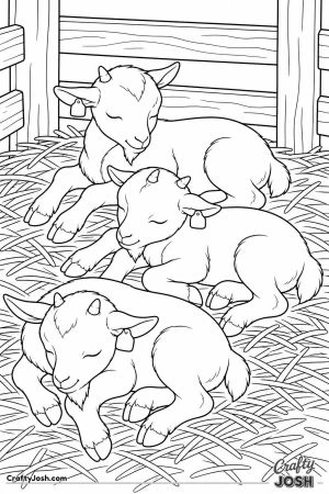 Kid goats piled up asleep in the straw