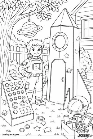 Kid in an astronaut costume with a cardboard rocket