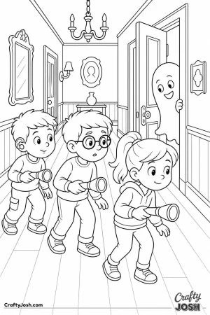 Kids exploring a haunted house with flashlights