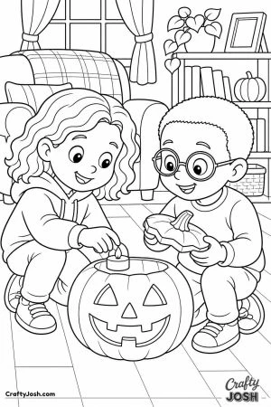 Kids placing a battery tea light inside a jack o lantern