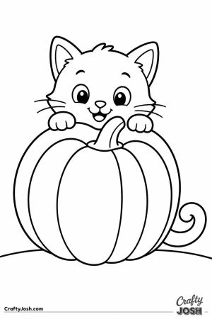 Kitten hiding behind a big pumpkin