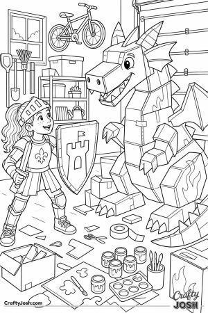 Knight costume girl facing a cardboard dragon