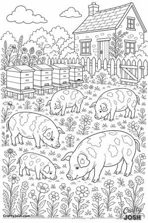 Kunekune pigs in a meadow with beehives
