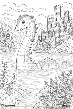 Lake monster beside a ruined castle