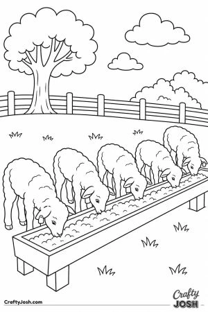 Lambs in a row at a feeding trough