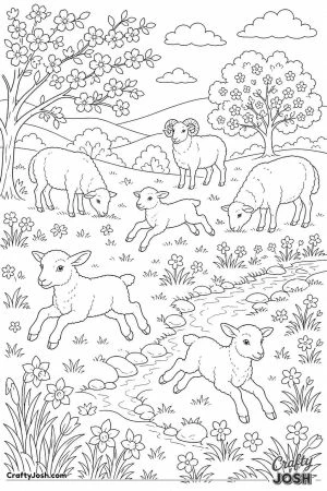 Lambs playing in a spring meadow