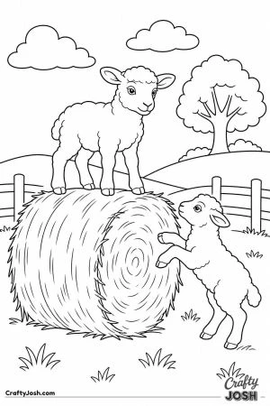 Lambs playing king of the castle on a hay bale