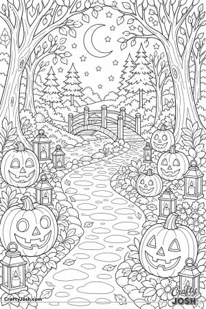 Lantern lit forest trail lined with jack o lanterns