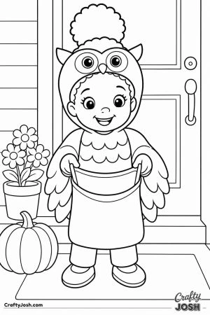 Little girl in an owl costume holding her bag open