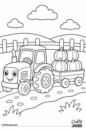 Little tractor towing a trailer of pumpkins
