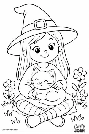 Little witch cuddling her black cat