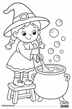 Little witch stirring a tiny cauldron