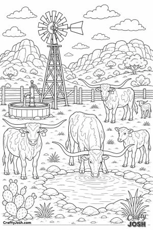 Longhorns at a ranch water hole