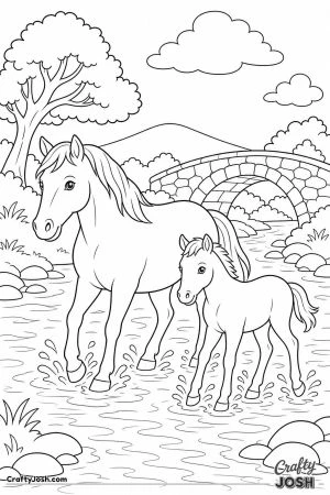 Mare and foal crossing a shallow ford