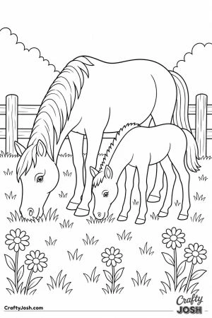 Mare and foal grazing side by side in a meadow