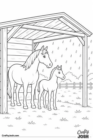 Mare and foal in an open field shelter