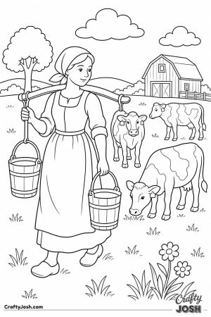 Milkmaid carrying pails past the cows