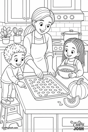 Mom and kids spreading pumpkin seeds on a baking tray