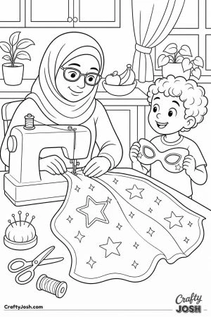 Mom sewing a costume at the kitchen table