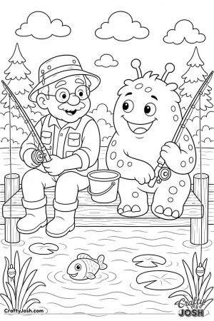Monster and grandpa fishing off a dock