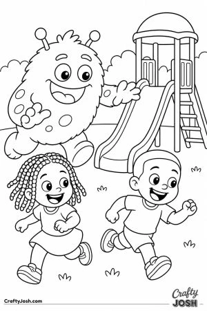 Monster and kids playing tag at the playground