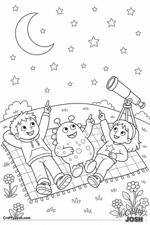 Monster and kids stargazing on a blanket