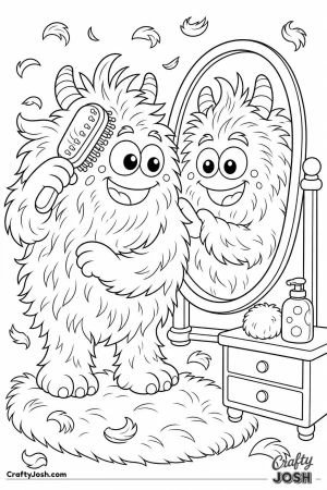Monster brushing its fur in the mirror