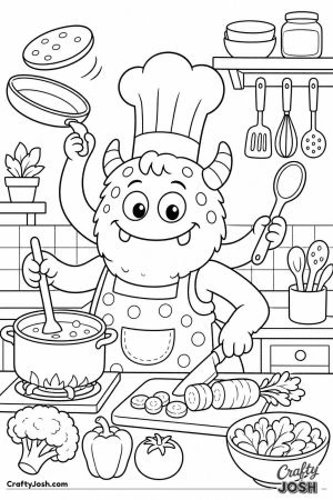 Monster chef with four arms cooking