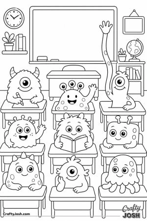 Monster classroom with desks and chalkboard