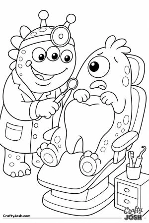 Monster dentist checking a giant tooth