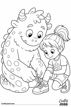 Monster helping a child tie shoelaces