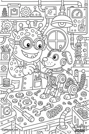 Monster inventor in a workshop of gadgets