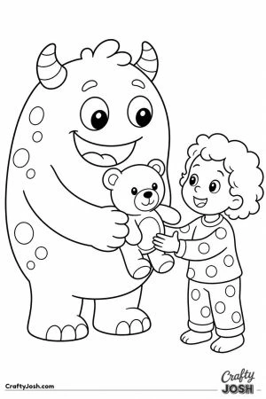 Monster sharing a teddy bear with a little girl