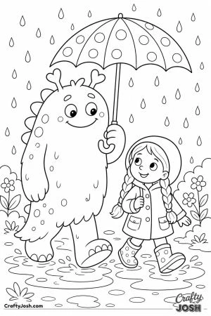 Monster sharing an umbrella with a girl in the rain