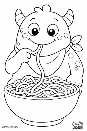 Monster slurping a bowl of spaghetti