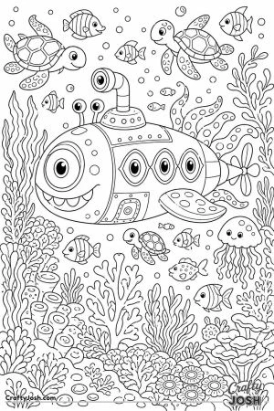 Monster submarine exploring a coral reef