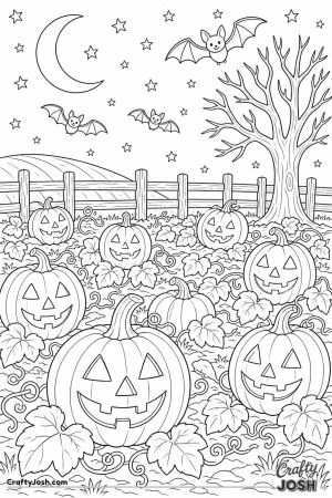 Moonlit pumpkin patch with bats flying overhead