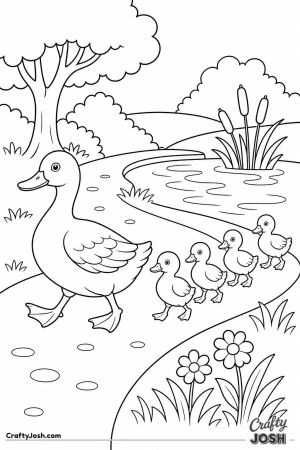 Mother duck leading ducklings in a line