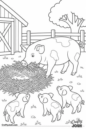 Mother pig building a straw nest