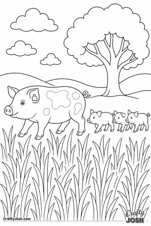 Mother pig leading her piglets through a field