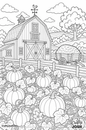 Old barn beside a field of ripe pumpkins