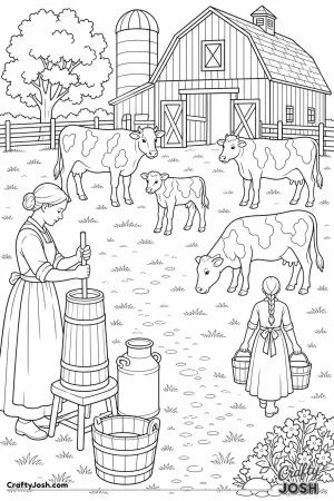 Old fashioned farmyard with a butter churn