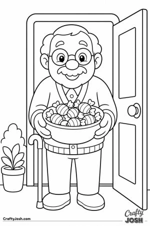 Older neighbor holding out a bowl of candy
