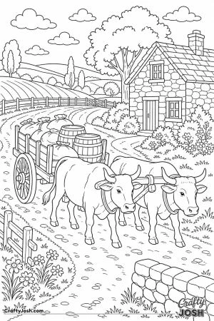 Ox cart on a country road in old times