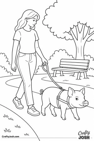 Pet pig walking on a leash in the park