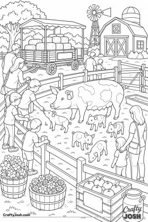 Petting farm with a pig pen and visitors